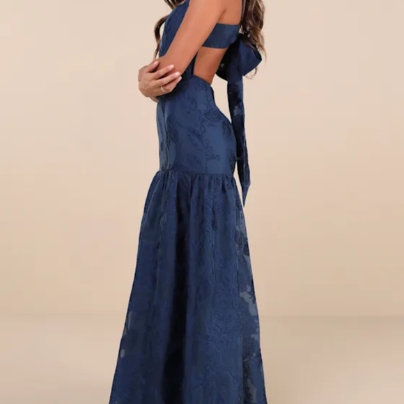 Lulus Opulent Aura Navy Floral Jacquard Tie-back Drop Waist Maxi Dress Blue - Picture 3 of 7